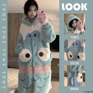 【桃園新品】秋冬季可愛小丑魚加絨加厚保暖珊瑚絨女睡衣中長款學生家居服睡袍 睡袍 冬天睡衣 保暖睡衣 家居服