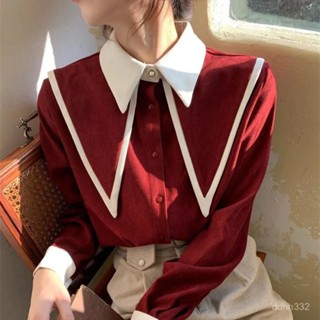 S-3XL長袖襯衫女紅色襯衣女韓係學院風拚色翻領上衣時尚洋氣寬鬆襯衫顯瘦薄款上衣女 POLO領襯衫 大尺碼上衣 長袖襯衫