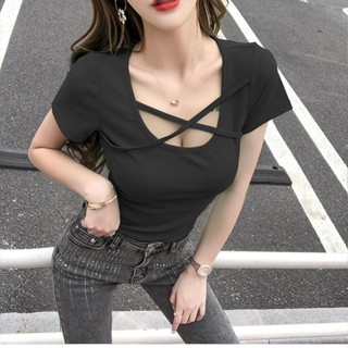 熱賣 胖妹妹2-100kg大碼夏季T恤女短袖女人味交叉性感緊身鎖骨女裝上衣 推薦