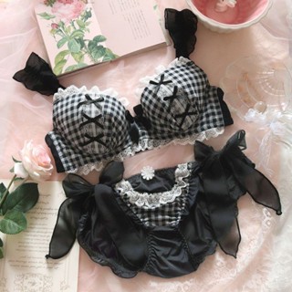 新店優惠 小胸聚攏 女生內衣 新款純慾蘿莉風日係少女內衣軟妹性感可愛格子蕾絲有鋼圈文胸套裝