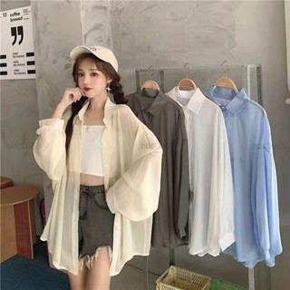 L-4XL 女生襯衫 長袖防曬外套 防曬襯衫 襯衫女 夏季薄款透氣開衫 防紫外綫上衣 夏天長袖襯衣 圓圓