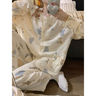 新店優惠 少女甜美 日係可愛 家居服 小個子可愛蕾絲睡衣女秋季甜美風長袖女款家居服2024新款套裝外穿