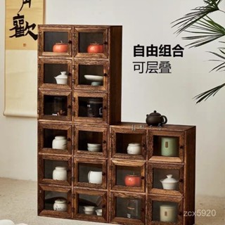 免運 可開髮票 實木茶具收納櫃 開門式紫砂壺博古架 茶壺茶杯架 置物架 陳列架 水杯收納櫃 復古茶室收納櫃 玻璃展示櫃