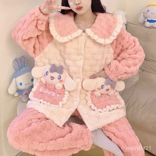 冬季新款珊瑚絨睡衣女加厚套裝翻領卡通甜美法蘭絨家居服休閒保暖