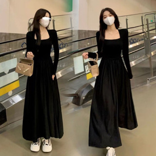 【臺灣出貨】韓國女裝 洋裝 長裙連身裙高階感法式方領長袖連衣裙子女秋季赫本風收腰顯瘦氣質長裙後媽裙小禮服 婚禮聚會約會裝