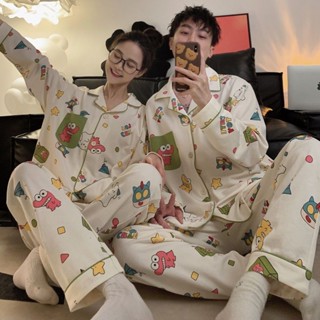 新店優惠 情侶睡衣 家居服套裝 加絨加厚 秋冬 情侶睡衣女春秋韓版清新可愛蠟筆小新長袖長褲男士寬鬆家居服套裝