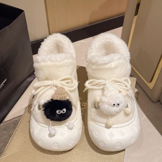 新店優惠 保暖棉鞋 可外穿 加絨加厚 煤球雪地靴女冬季2023新款百搭可愛毛茸茸厚底踩屎感棉拖鞋女包跟