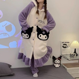 🎀新品爆款🎀庫洛米珊瑚絨睡衣女冬季加絨加厚法蘭絨中長款連帽睡袍套裝家居服