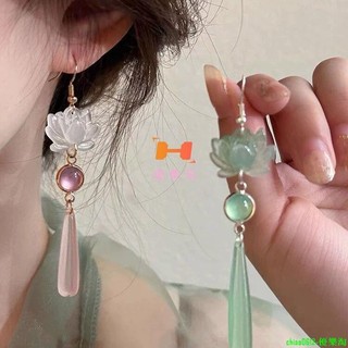 爆款-新中式蓮花貓眼石長款水滴耳環女國風漢服古風流蘇耳鉤馬面裙耳飾-優樂淘