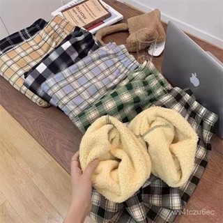 【VV】秋冬長褲 休閒褲 闊腿褲 羊羔絨闊腿褲女高腰加絨寬鬆百搭闊腿褲運動休閒格子褲時尚直筒褲