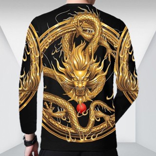 🔥cc精品小屋 長袖 男士長袖T恤圓領秋季新款國風印花龍圖案上衣秋裝男裝中青年衣服