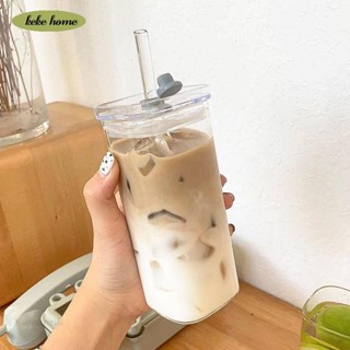 keke✨韓系方形玻璃水杯 ins高顏值帶蓋透明水杯 簡約平底加熱杯子 家用水杯 咖啡杯 耐高溫水杯 隨身杯 奶茶杯 環