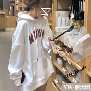 【YW】秋冬美式複古長袖上衣女 oversize連帽T恤 加絨加厚長袖T恤 寬鬆上衣 女生上衣 女裝