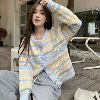 coco小姐✨秋季 新款 韓版 寬鬆 撞色 條紋 百搭 針織 毛衣 開衫 外套女