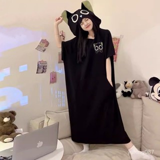 連帽短袖睡裙女2024夏季大碼寬鬆印花月子服女士搞怪三眼怪家居服爆款 新款 2024新款 臺灣出貨