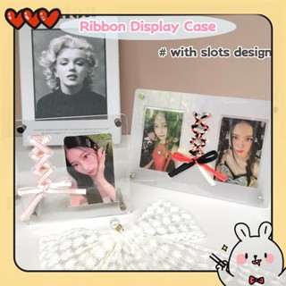 帶卡槽DIY洛麗塔少女風緞帶卡磚CD光碟單格雙格高畫質亞克力綁帶相框擺檯明星拍立得照片3寸小卡收納桌面立牌送絲帶wzh11
