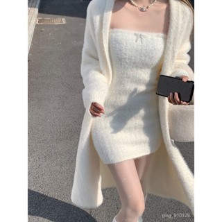 【FROCK】長袖裙裝 兩件套裝裙冬天減齡毛絨絨抹胸裙水貂絨開衫外套 長袖短裙套裝 韓版女裝 生日裝 兩件套女裝