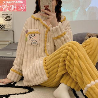 ／秋冬上新／100%睡衣女秋冬加厚法蘭絨甜美可愛網紅珊瑚絨大碼寬松居家服套裝