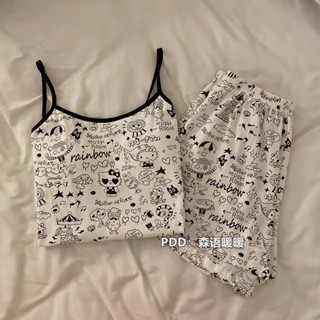 糖果屋~韓版日系ins帶胸墊kt貓卡通睡衣女夏季吊帶短褲可外穿家居服兩件套裝居家服