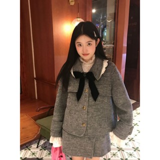 KEKE潮流店(鞋服包)🌸秋季韓係氛圍感毛呢長袖遮肉保暖外套+顯瘦小眾半身裙兩件套套裝