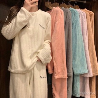 臺灣出貨 秋冬保暖睡衣 睡衣女 可愛套裝珊瑚絨居家外穿百搭休閒寬鬆保暖睡衣女