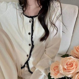 Lam 睡衣睡袍ins小香風睡衣女春秋簡約高顏值V領網紅開衫長袖長褲可外穿家居服