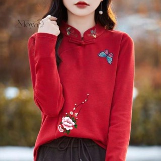 秋冬新款雙面德絨女士刺繡印花寬松顯瘦打底衫國風中式立領qzls 內搭衫 打底衣 中國風上衣 旗袍上衣 盤扣上衣 長袖t恤