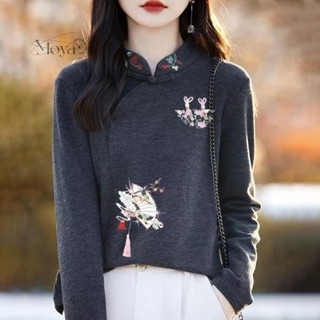 秋冬新款雙面德絨女士刺繡印花寬松顯瘦打底衫國風中式立領qcsmu 內搭衫 打底衣 中國風上衣 旗袍上衣 盤扣上衣 長袖t
