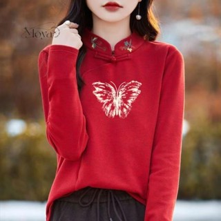 秋冬新款雙面德絨女士刺繡印花寬松顯瘦打底衫國風中式立領flsq 內搭衫 打底衣 中國風上衣 旗袍上衣 盤扣上衣 長袖t恤