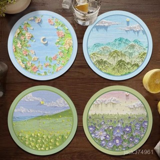 【優選精品】熱賣軟矽藻泥防滑吸水速幹油畵風辦公室杯墊茶墊個性創意隔熱墊餐桌墊ins日韓風 VQG4