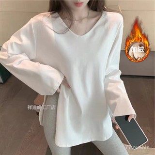 ✨ZeR0'衣櫥✨白色V領打底衫女秋冬季2024年新款慵懶風寬鬆加絨內搭長袖T恤洋氣 韓版半高領上衣 冬裝 大碼 女裝