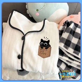 【一隻羊】可愛小黑貓珊瑚絨新款睡衣女秋冬加絨加厚法蘭絨卡通家居服套裝 睡袍 可愛睡衣 家居服 睡衣女 睡衣