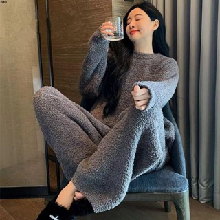 居家服 睡衣💕2024純色睡衣女冬季半邊絨加絨加厚居家服慵懶外穿家居服厚款套裝