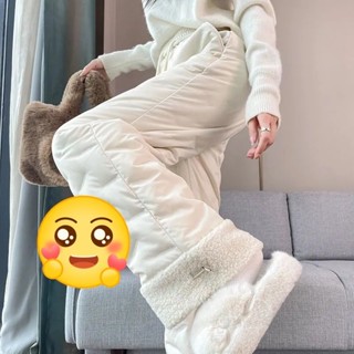 寬褲 褲子 長褲 女裝 高腰褲 直筒褲 發熱褲 保暖褲 直筒羽絨棉褲女外穿2024防寒風闊腿拚接羊羔絨東北棉褲女 冬天女