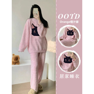 糖果屋~韓版珊瑚絨睡衣女冬季日系ins甜美可愛加厚休閑半邊絨少女家居服套裝居家服