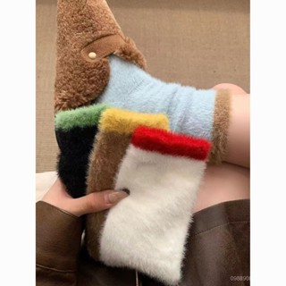🔥臺灣熱賣🔥秋冬水貂絨襪子日係拚色女加絨保暖加厚堆堆襪撞色中筒襪月子襪