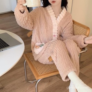 美洋洋珊瑚絨睡袍冬款女加絨加厚睡裙浴袍秋冬季浴衣兩件套法蘭絨睡衣