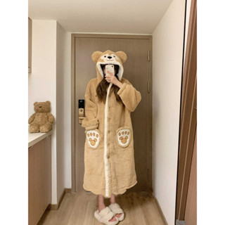 桃園出貨*可愛卡通小熊連帽睡袍秋冬季居家服珊瑚絨睡衣女加絨加厚學生保暖家居服外穿