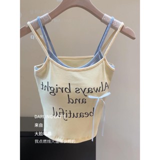 Lam 上衣 內搭衣 打底衫 保暖內衣美式純欲風假兩件撞色吊帶背心女夏季新款設計感小眾字母印花上衣