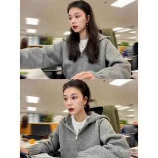 【免費參觀】 韓版針織毛衣 針織毛衣 長袖毛衣 毛衣女灰色連帽雙拉鍊毛衣外套女秋冬季新款韓係慵懶風寬鬆針織開衫 O8X
