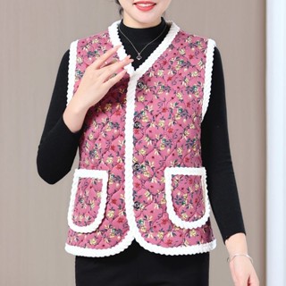 🔥cc精品小屋 新中式中老年馬甲冬季媽媽加絨加厚背心保暖碎花冬洋氣坎肩外套女 媽媽裝 保暖背心 保暖馬甲 媽媽保暖背心