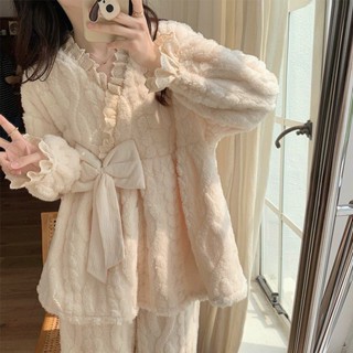 🚚新品特價🚚【精選】睡衣 睡袍 長袖 睡袍珊瑚絨睡衣女冬季公主風花邊蝴蝶結提花秋冬款加絨加厚法蘭絨毛絨