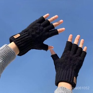 半指手套男士冬天保暖加絨加厚毛綫露指學生寫字辦公騎行防風防寒