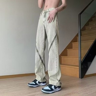臺灣出貨拉鏈牛仔褲男女2024春夏季新款闊腿褲痞帥ins美式寬鬆複古休閒褲 秋冬長褲 加絨長褲 保暖長褲