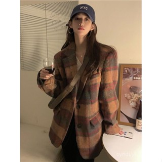 大碼毛呢西裝外套女秋冬中長寬鬆格子休閒西服小個子高階感小香風 韓版 毛呢西裝外套 風衣外套1221 KW6U