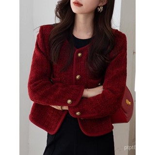 大尺碼女裝 秋冬女裝 小香風外套女 酒紅色小香風外套女秋冬季新款短款法式氣質名媛小個子上衣女