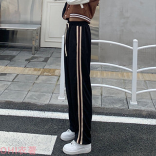 【ohi】大尺碼側條紋鬆緊腰運動休閒褲女 長褲 黑色長褲 鬆緊腰 高腰顯瘦百搭闊腿長褲 休閒長褲女GPS288