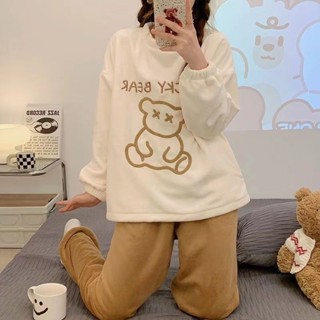 冬天睡衣 法蘭絨睡衣 保暖睡衣 睡衣女冬季珊瑚絨可愛秋季加厚法蘭絨卡通甜美大碼家居服套裝ins