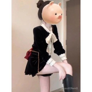 觀霧法式香風絲絨蝴蝶結套裝高級黑色蕾絲上衣韆金半身裙短裙兩件套秋冬套裝 秋冬穿搭 5MBQ