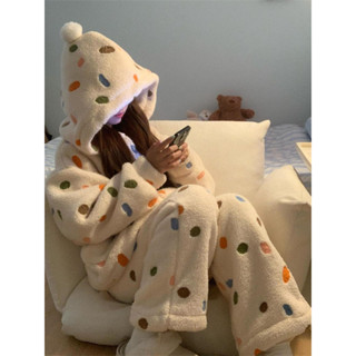 🌺臺灣限時低價🌺彩色波點珊瑚絨睡衣女秋冬保暖加絨加厚法蘭絨連帽拉鏈居家服套裝
